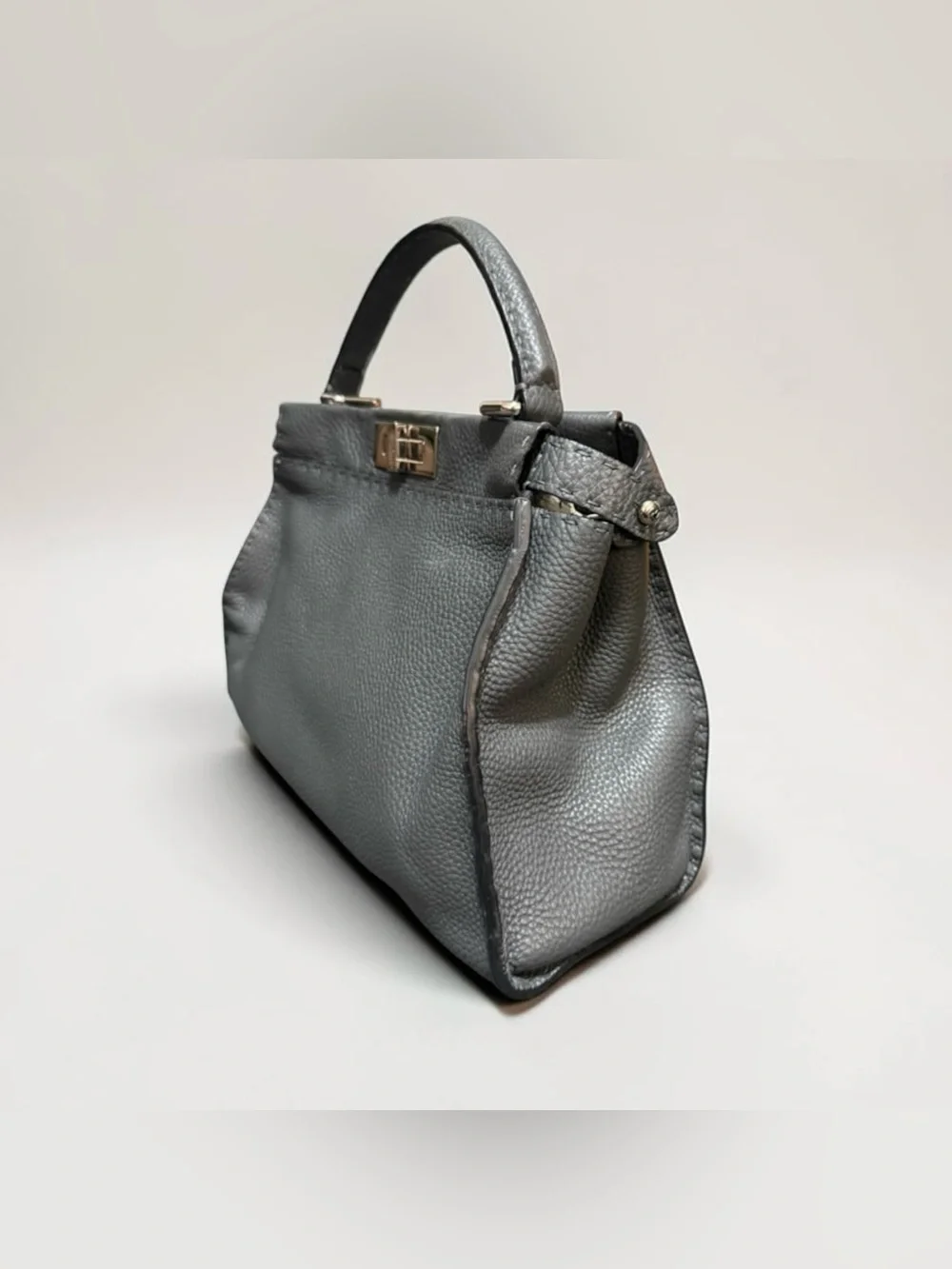 Fendi Peekaboo Medium Metallic Gray Leather Top Handdle Bag Silver Hardware